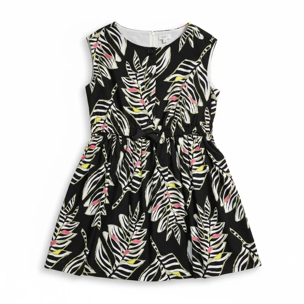 NWT! Gymboree Girls Black Tropical Leaf Print Dress with Pink & Yellow Accents